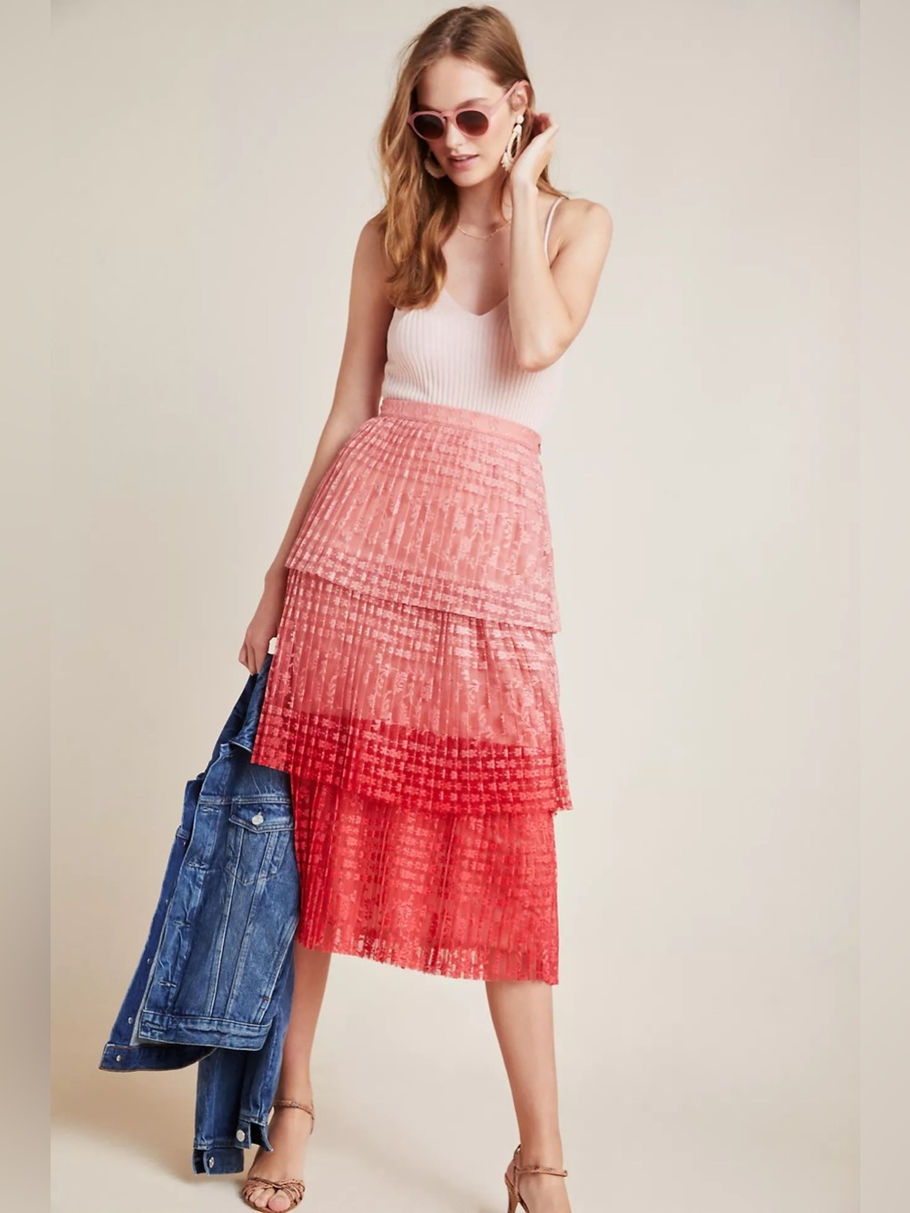 Anthropologie Maeve Brighton Tiered Midi Skirt Pink Ombré Lace Size 6